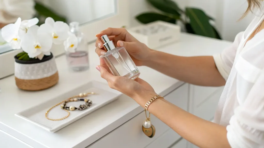 Wanita memegang botol parfum di meja rias berwarna putih.