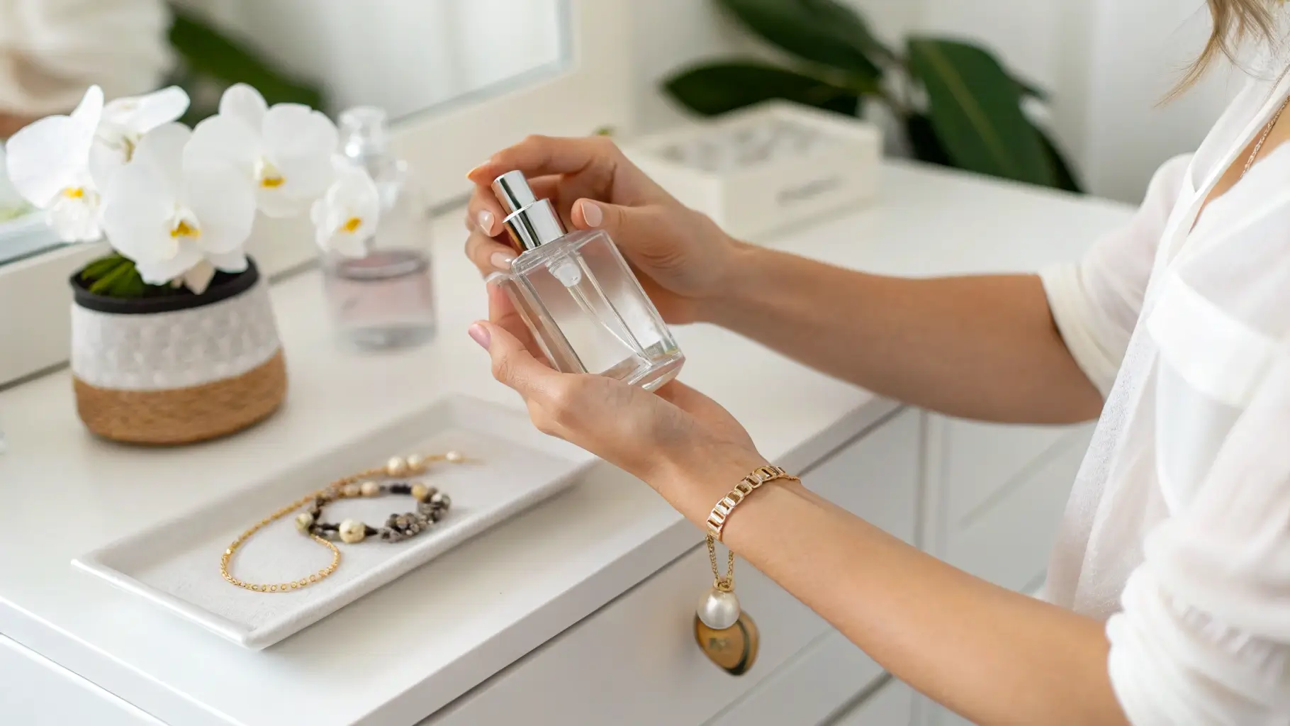 Wanita memegang botol parfum di meja rias berwarna putih.