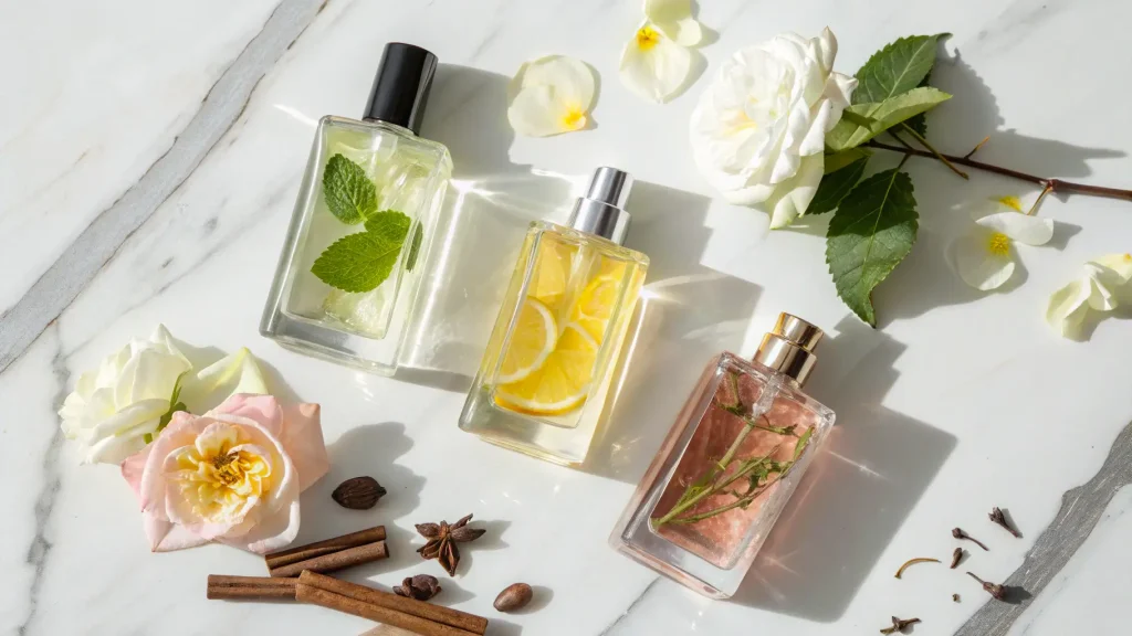 Tiga botol parfum dengan bahan alami seperti mint, lemon, bunga, dan rempah.