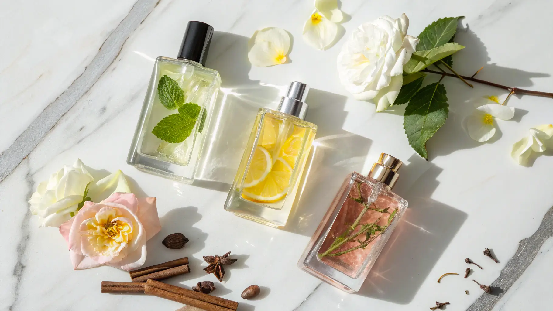Tiga botol parfum dengan bahan alami seperti mint, lemon, bunga, dan rempah.