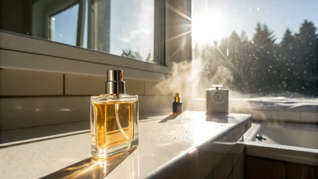 Botol parfum di dekat jendela yang terkena sinar matahari langsung.