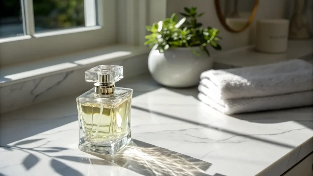 Botol parfum di atas meja marmer terkena cahaya matahari dari jendela.