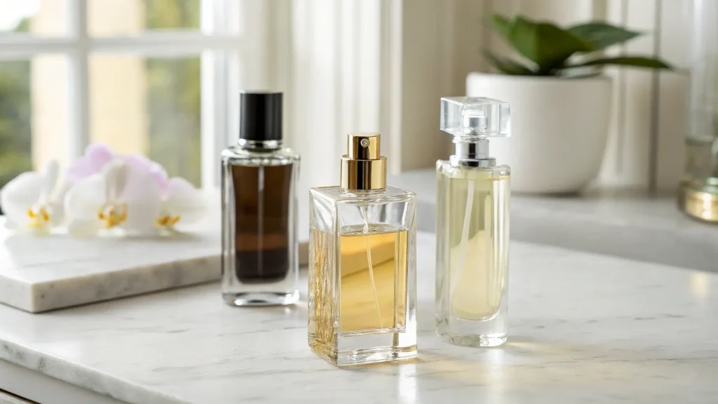 Tiga botol parfum dengan desain berbeda di atas meja marmer putih.