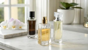 Tiga botol parfum dengan desain berbeda di atas meja marmer putih.