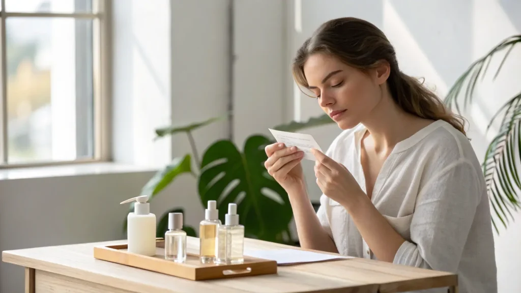 Seorang wanita memilih parfum dengan mencoba aromanya pada kertas tes.