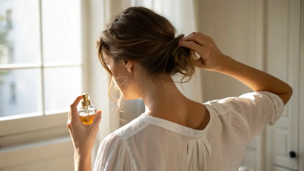 Wanita menyemprot parfum di leher.